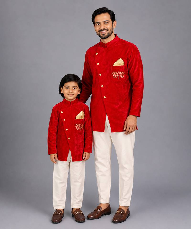Red printed velvet father son bandhgala combo set