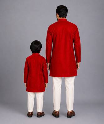 Red printed velvet father son bandhgala combo set 2