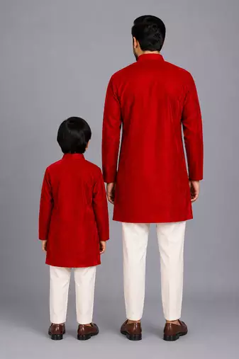 Red printed velvet father son bandhgala combo set