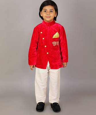 Red printed velvet father son bandhgala combo set 3
