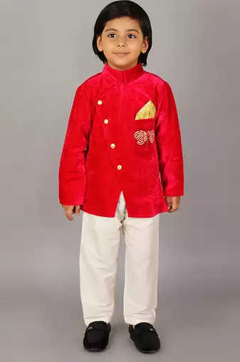 Red printed velvet father son bandhgala combo set