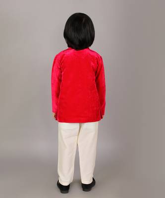 Red printed velvet father son bandhgala combo set 4