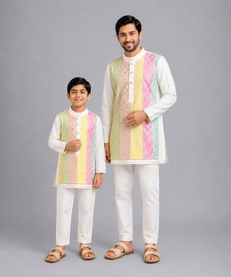 Multicolor gota patti embroidered cotton silk father son kurta combo set 1