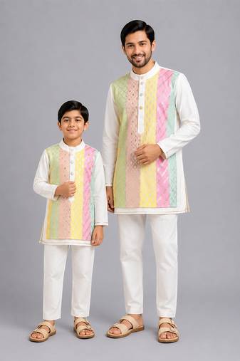 Multicolor gota patti embroidered cotton silk father son kurta combo set