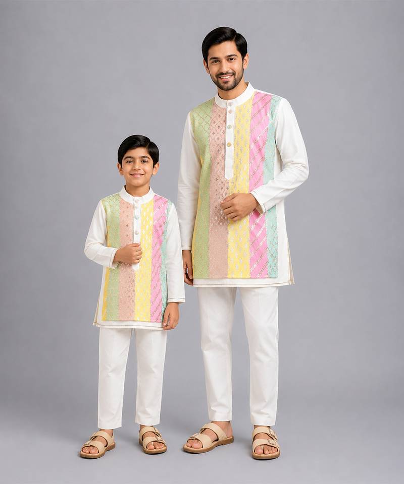 Multicolor gota patti embroidered cotton silk father son kurta combo set