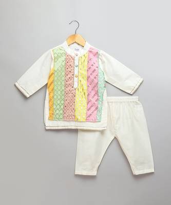 Multicolor gota patti embroidered cotton silk father son kurta combo set 3