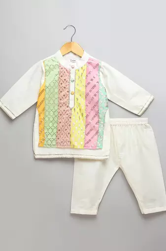 Multicolor gota patti embroidered cotton silk father son kurta combo set