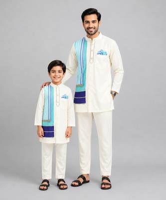 Ivory blue stripes cotton silk father son kurta combo set 1