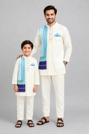 Ivory blue stripes cotton silk father son kurta combo set