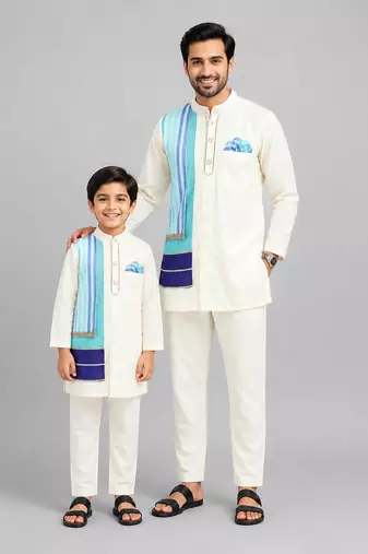 Ivory blue stripes cotton silk father son kurta combo set