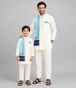 Ivory blue stripes cotton silk father son kurta combo set