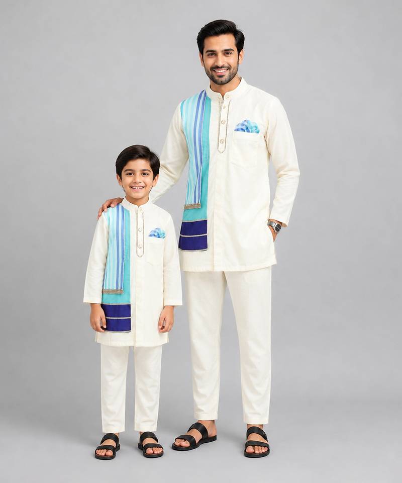 Ivory blue stripes cotton silk father son kurta combo set