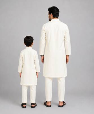 Ivory blue stripes cotton silk father son kurta combo set 2