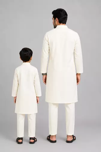 Ivory blue stripes cotton silk father son kurta combo set