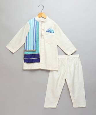 Ivory blue stripes cotton silk father son kurta combo set 3