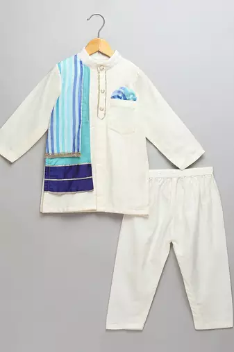 Ivory blue stripes cotton silk father son kurta combo set