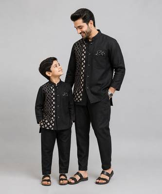 Black embroidered cotton silk father son kurta combo set 1