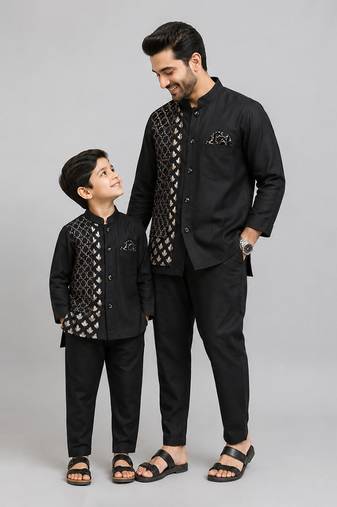 Black embroidered cotton silk father son kurta combo set