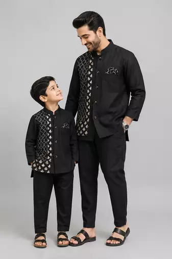 Black embroidered cotton silk father son kurta combo set