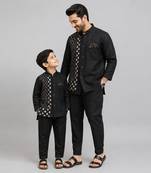 Black embroidered cotton silk father son kurta combo set
