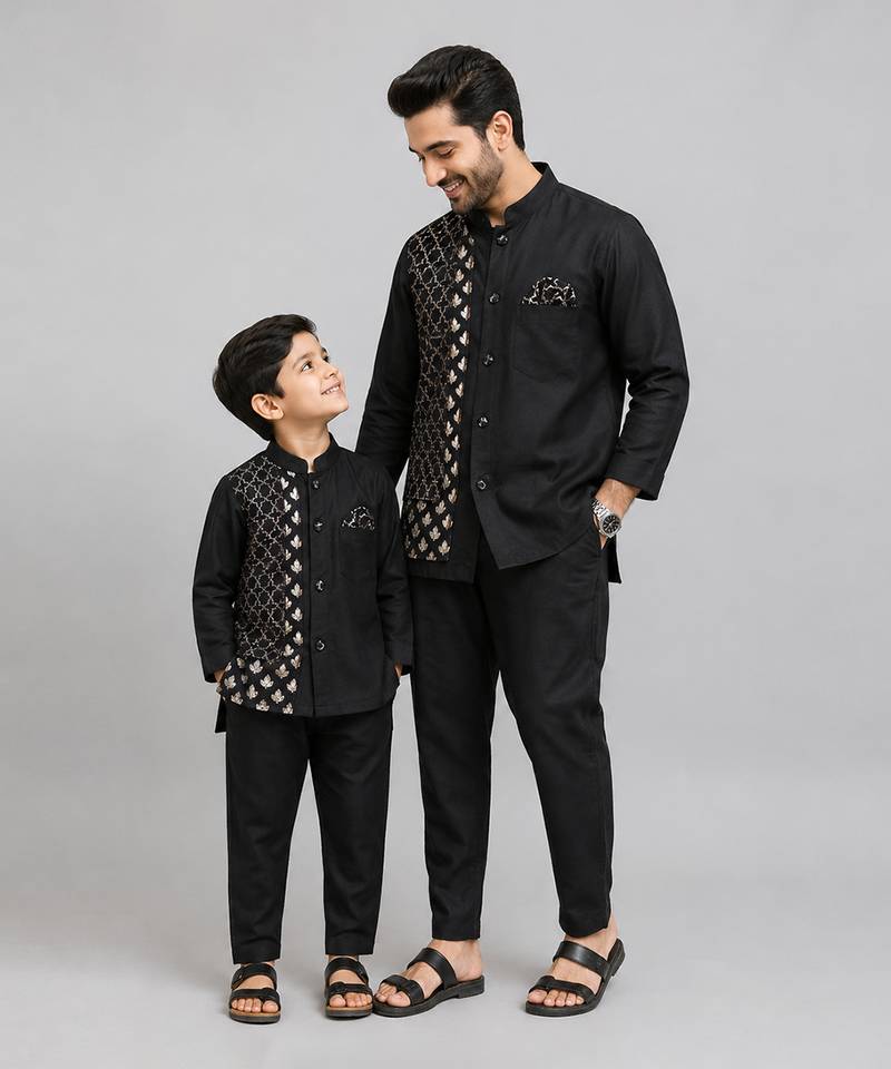 Black embroidered cotton silk father son kurta combo set