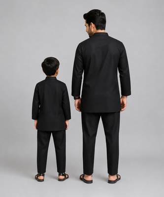 Black embroidered cotton silk father son kurta combo set 2
