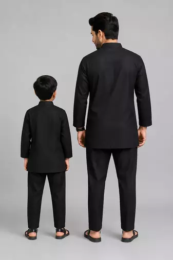 Black embroidered cotton silk father son kurta combo set