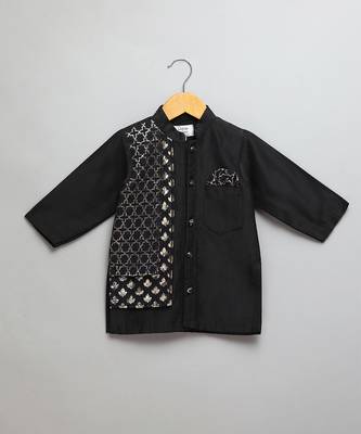 Black embroidered cotton silk father son kurta combo set 3