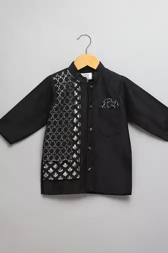 Black embroidered cotton silk father son kurta combo set