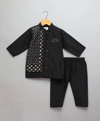 Black embroidered cotton silk father son kurta combo set 4