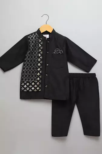 Black embroidered cotton silk father son kurta combo set