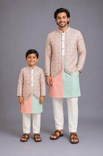 Pink mint green cotton silk father son kurta combo set