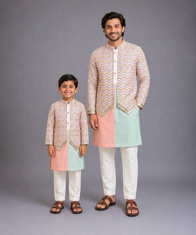 Pink mint green cotton silk father son kurta combo set