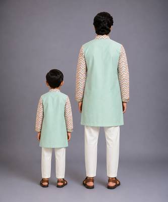 Pink mint green cotton silk father son kurta combo set 2