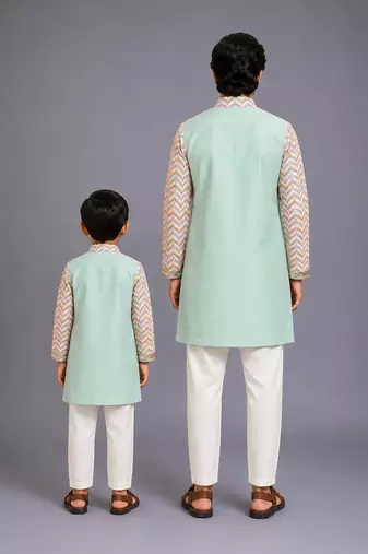 Pink mint green cotton silk father son kurta combo set