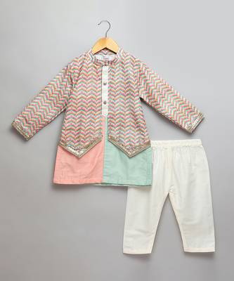 Pink mint green cotton silk father son kurta combo set 3
