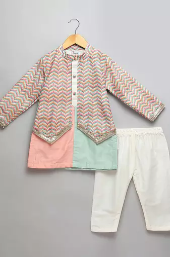 Pink mint green cotton silk father son kurta combo set