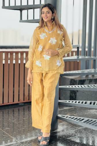Mustard yellow embroidered co-ord set for women