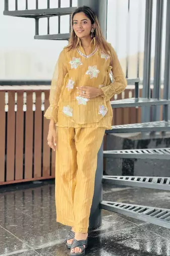 Mustard yellow embroidered co-ord set for women