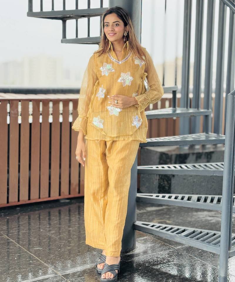 Mustard yellow embroidered co-ord set for women