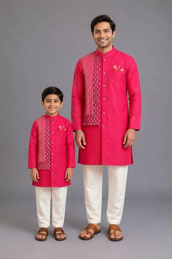 Pink embroidered cotton silk father son kurta combo set