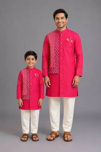 Pink embroidered cotton silk father son kurta combo set