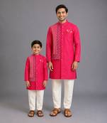 Pink embroidered cotton silk father son kurta combo set