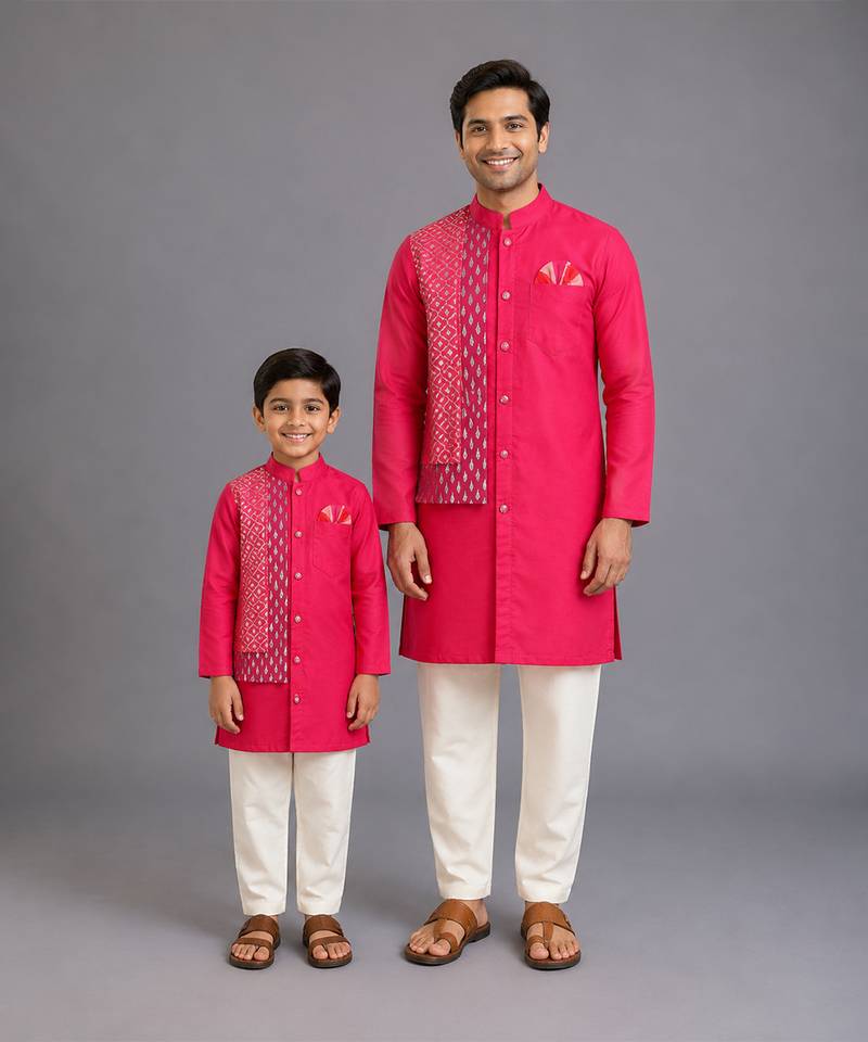 Pink embroidered cotton silk father son kurta combo set