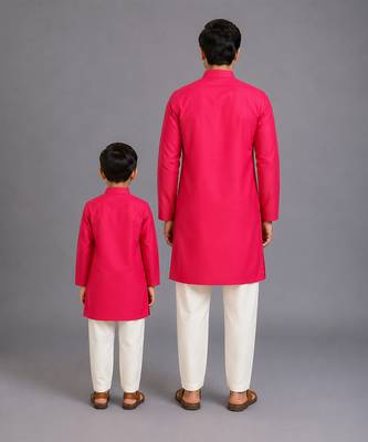 Pink embroidered cotton silk father son kurta combo set 2
