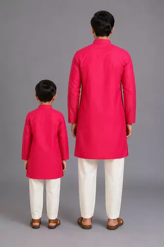 Pink embroidered cotton silk father son kurta combo set
