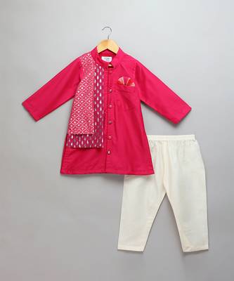 Pink embroidered cotton silk father son kurta combo set 3