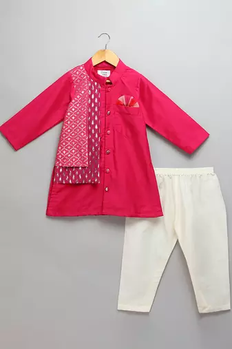Pink embroidered cotton silk father son kurta combo set