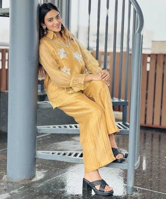 Mustard yellow embroidered co-ord set for women 2