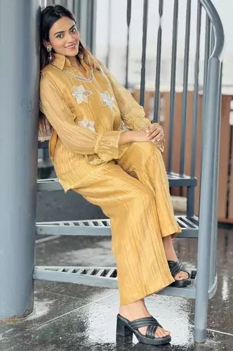 Mustard yellow embroidered co-ord set for women